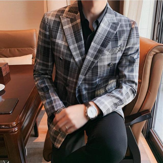 Chaqueta entallada a cuadros para hombre, traje informal a la para negocios y ocio, chaqueta de primavera, novedad: Gray / Asia L 58-63KG