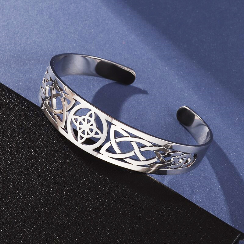 Pulsera con nudo de bruja, brazalete abierto ajustable de acero inoxidable, amuleto de brujería celta, joyería para hombres y mujeres, de cumpleaños: Bañado en rodio de imitación
