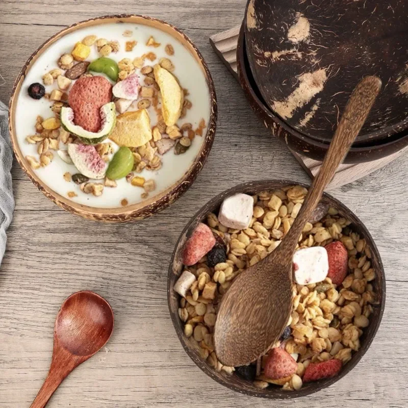 Tigelas de coco naturais por atacado para servir pratos salada aveia iogurte reutilizável tigela de casca de coco de madeira conjunto de utensílios de cozinha
