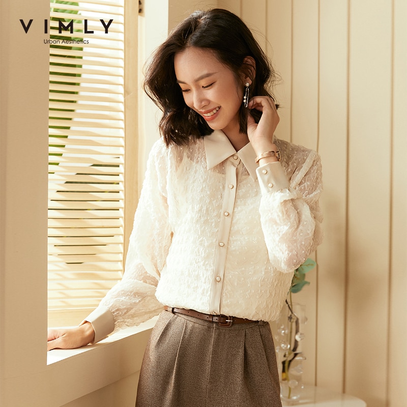 Vimly Herbst Frauen Hemden Büro Dame Drehen Unten Kragen Einreiher Chiffon Bluse Jahrgang Blusas Feminina F2108