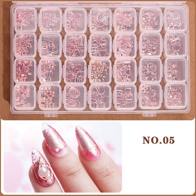Ensemble d'accessoires pour ongles à 28 grilles, poire/métal/coque/résine/cristal strass pour manucure/bricolage, Kit de décorations pour Nail Art # DXM12: 28 grids jewelry-05