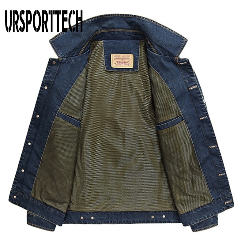 Ursporttech denim jakker mænd frakke mørkeblå casual teenagere denim jakke bomuld turn-down krave lange ærmer denim bomber jakker