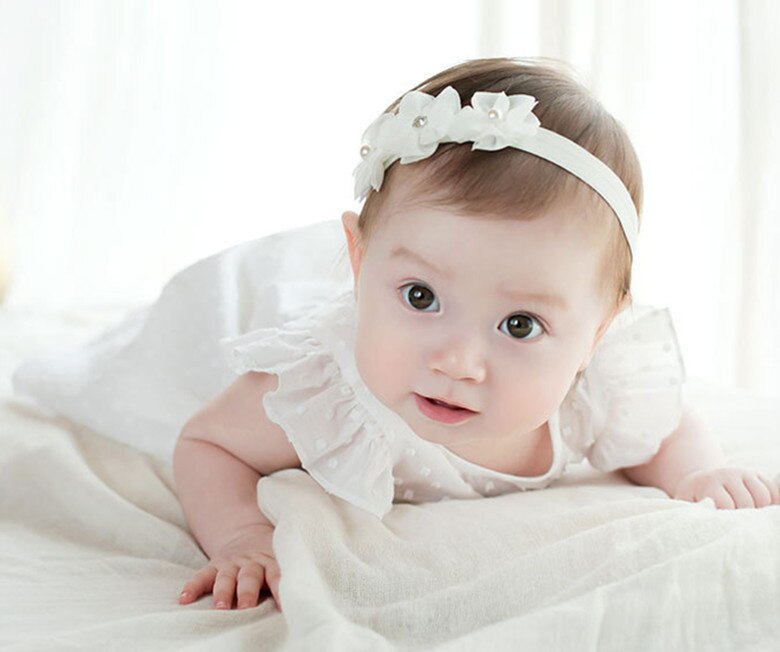 Bandeau pour bébé fille, accessoires pour cheveux de bébé, cravate, couvre-chef pour -né, diadème, pour tout-petits, ruban de bandage, fleur, nœuds de perles: WHITE