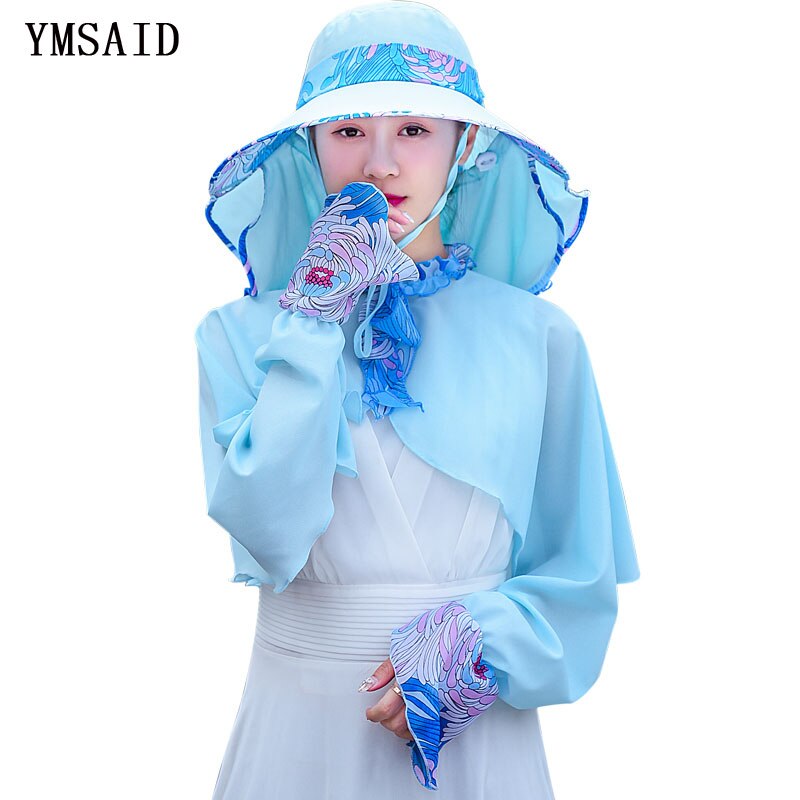 Ymsaid Chiffon Flowers Big Eaves summer hats for women Foldable Covered Face Neck Cycling Anti Uv Sun Hat