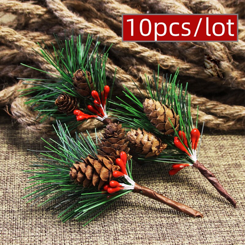 10pcs Artificial Flower Red Christmas Berry Pine Cone With Holly Branches Mini Christmas Tree Decoration Home Decor Flower Craft: a 10pcs