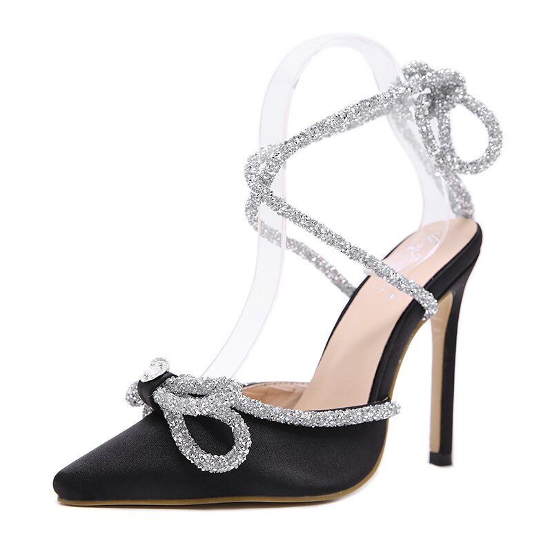 Gladiator kvinder bryllupssandaler spidstå silke dame bling sko sløjfe rhinestone ankelrem snøre festsandaler