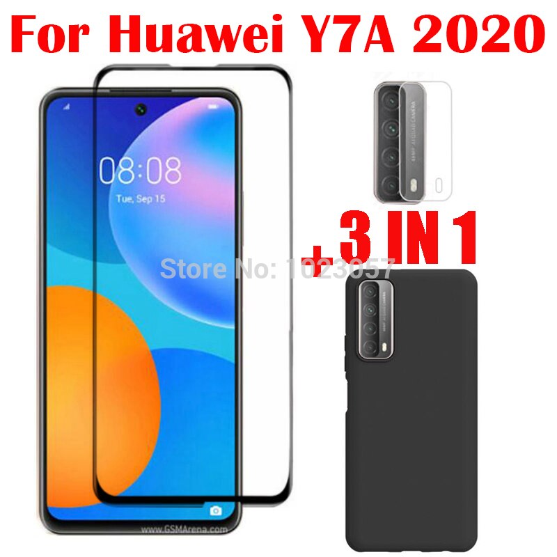 3-w-1 etui + kamera szkło hartowane dla Huawei Y7A Peppa-L22B ScreenProtector szkło na dla Huawei Y7A 2020 2.5D szkło: 3 in 1 balck case