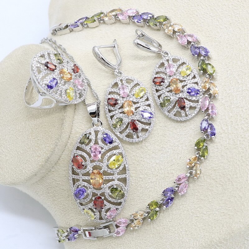 Sølvfarvede bryllupssmykker flerfarvede sten cubic zirconia smykkesæt til kvinder øreringe/vedhæng/halskæde/ring/armbånd: 4 stk / 9