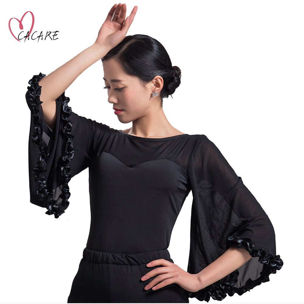 Ballroom Waltz Dresses Top Shirt Dance Competition Dresses Ballroom Dress Standard D0144 Tango Black with Bell Sleeve Ruffles: XXXL
