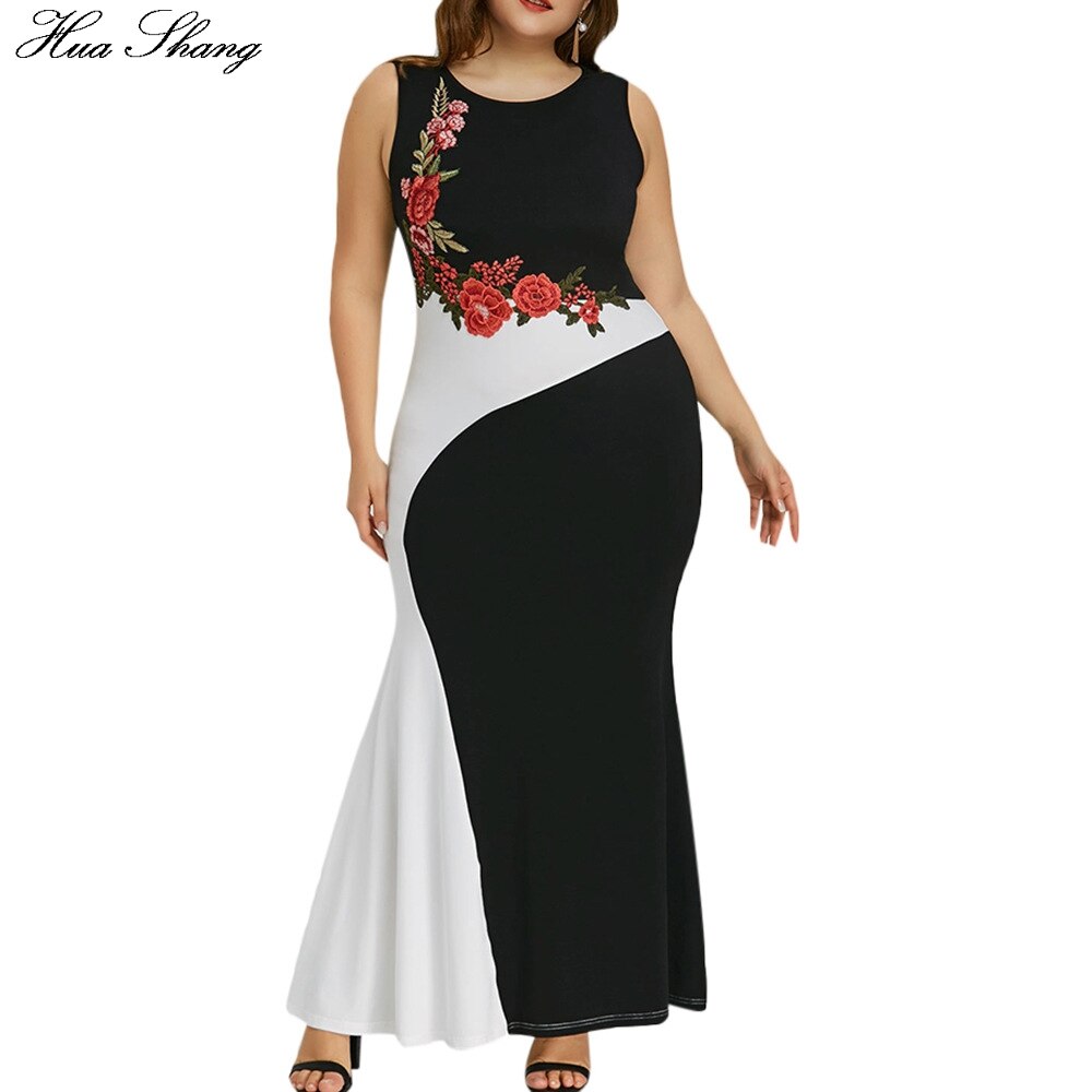 5XL Plus Size Party Dress Women Summer Sleeveless Embroidery Floral Mermaid Formal Dress Black And White Maxi Long Dresses
