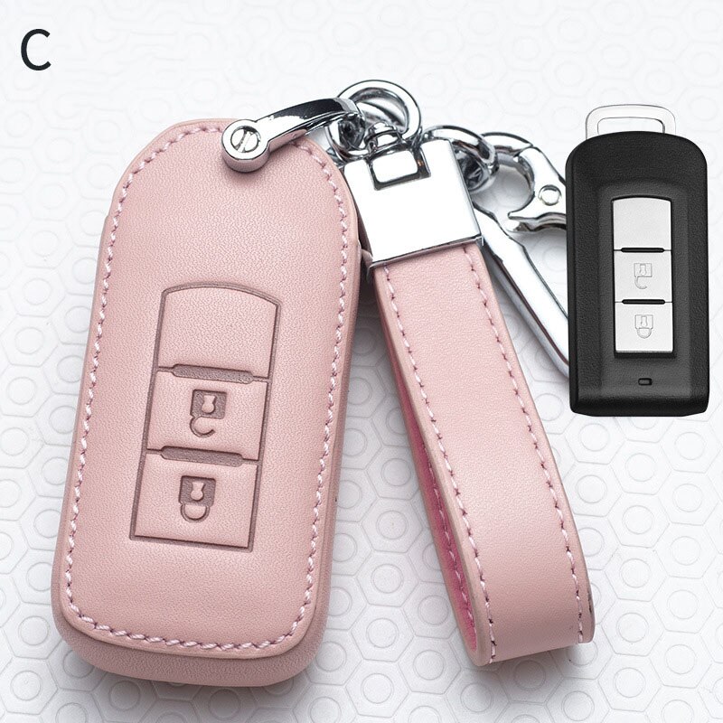 Leather Car Key Case Cover for Mitsubishi Outlander Lancer 10 Pajero Sport EX ASX RVR Colt Grandis L200 Smart 2 3 Button Case: C-pink
