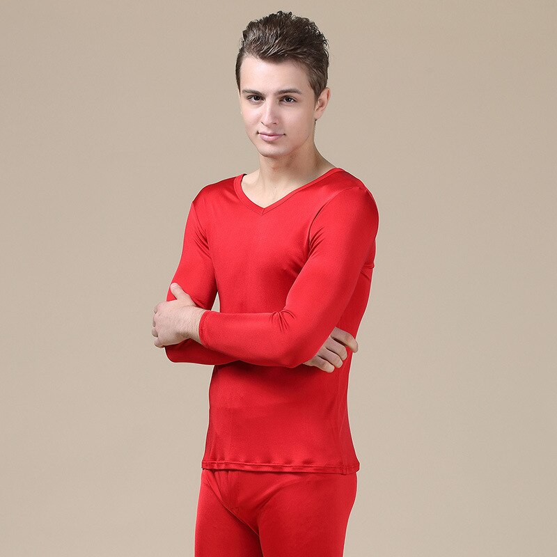 Silk Men Long Johns Elastic V Neck Underwear Sets Antibacterial Breathable Comfortable Autumn Suits: Red / XXL