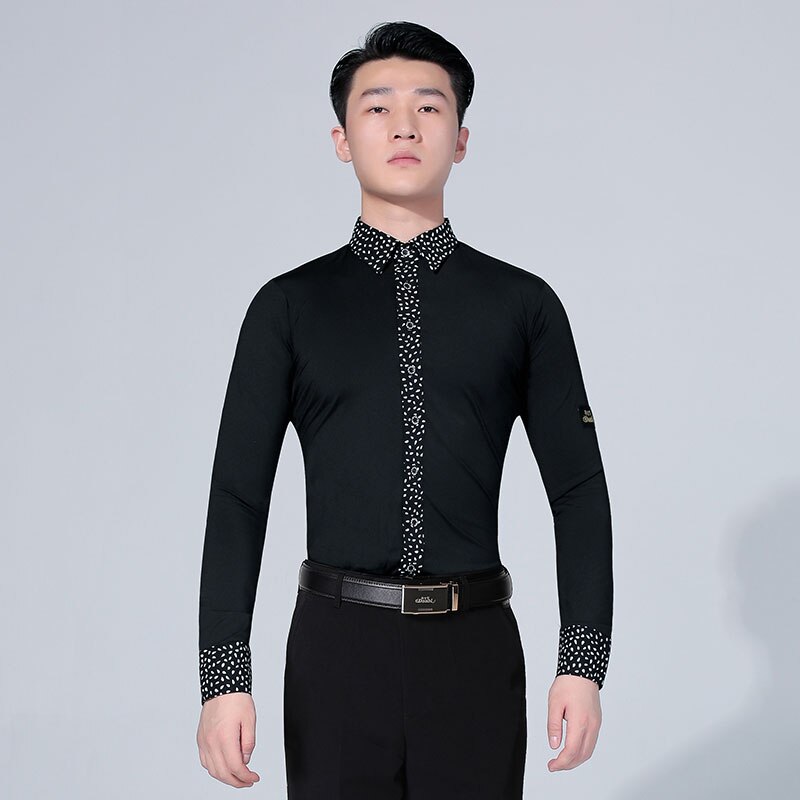 Doble de los hombres de camisas ropa de baile de salón vals tango Latina largo para baile de manga práctica negro rendimiento