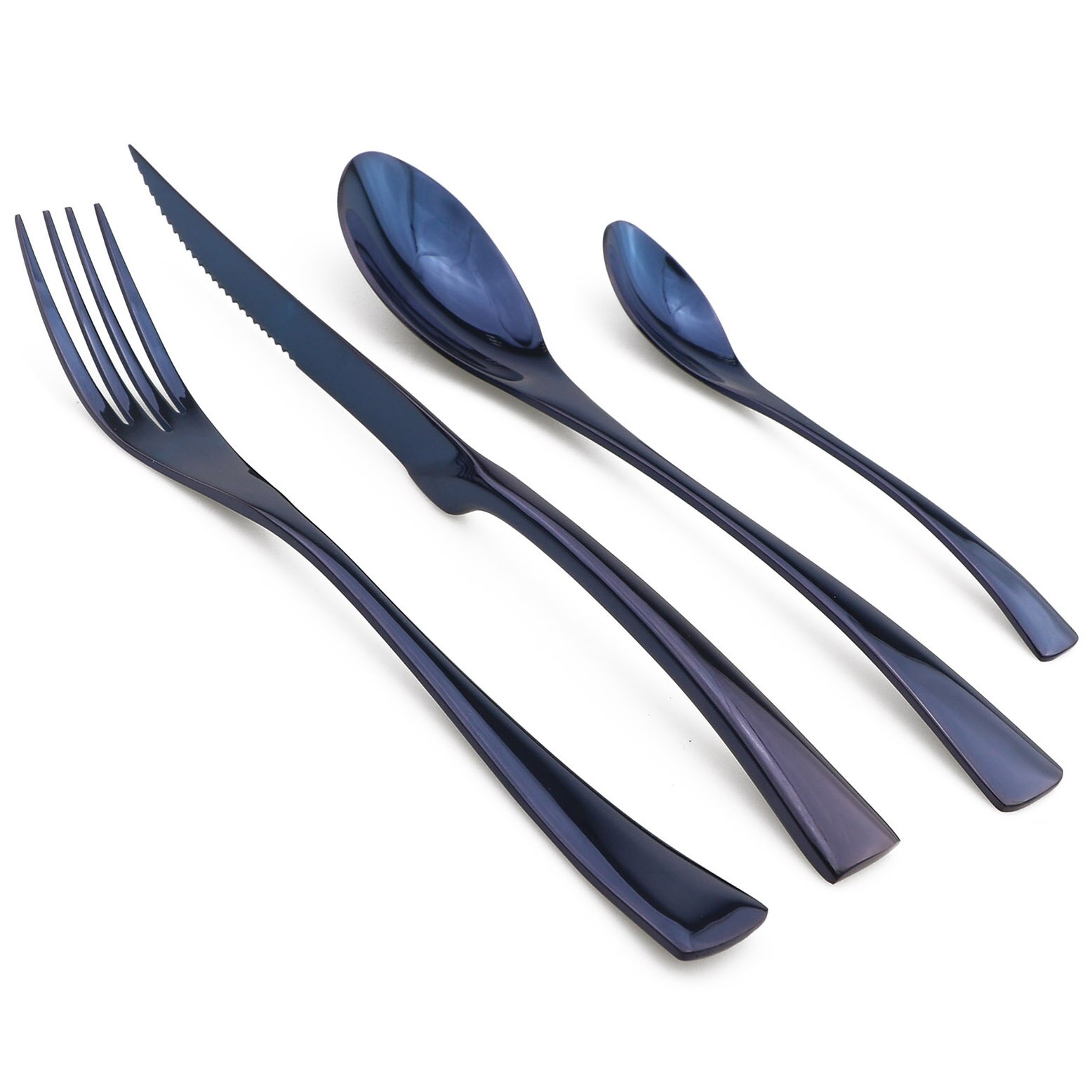 Jankng 4-Pcs 18/10 Roestvrij Staal Bestek Set Zwart Servies Steak Mes Vork Lepel Theelepel Bestek Eten Servies: Blue