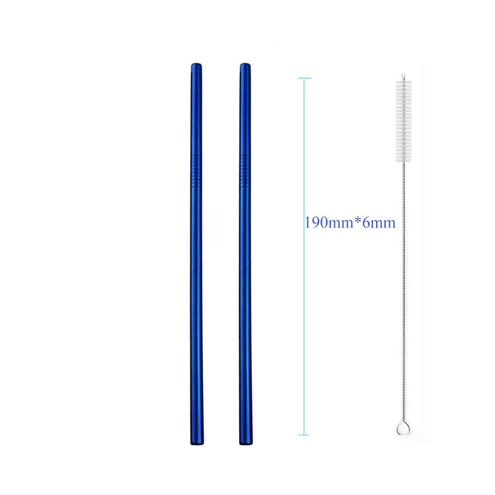 Jankng 2 stuks kleurrijke blauwe rietjes 304 roestvrijstalen rietjes 16/19/21/23/26cm drinkrietjes herbruikbare gebogen metalen rietjes met borstel: 190 x 6 recht