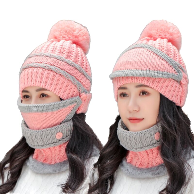 Bingyuanhaoxuan 3 in 1 varm tyk strikket beanie hat tørklæde og maske sæt slouchy sne strik cap uendelig tørklæde til kvinder