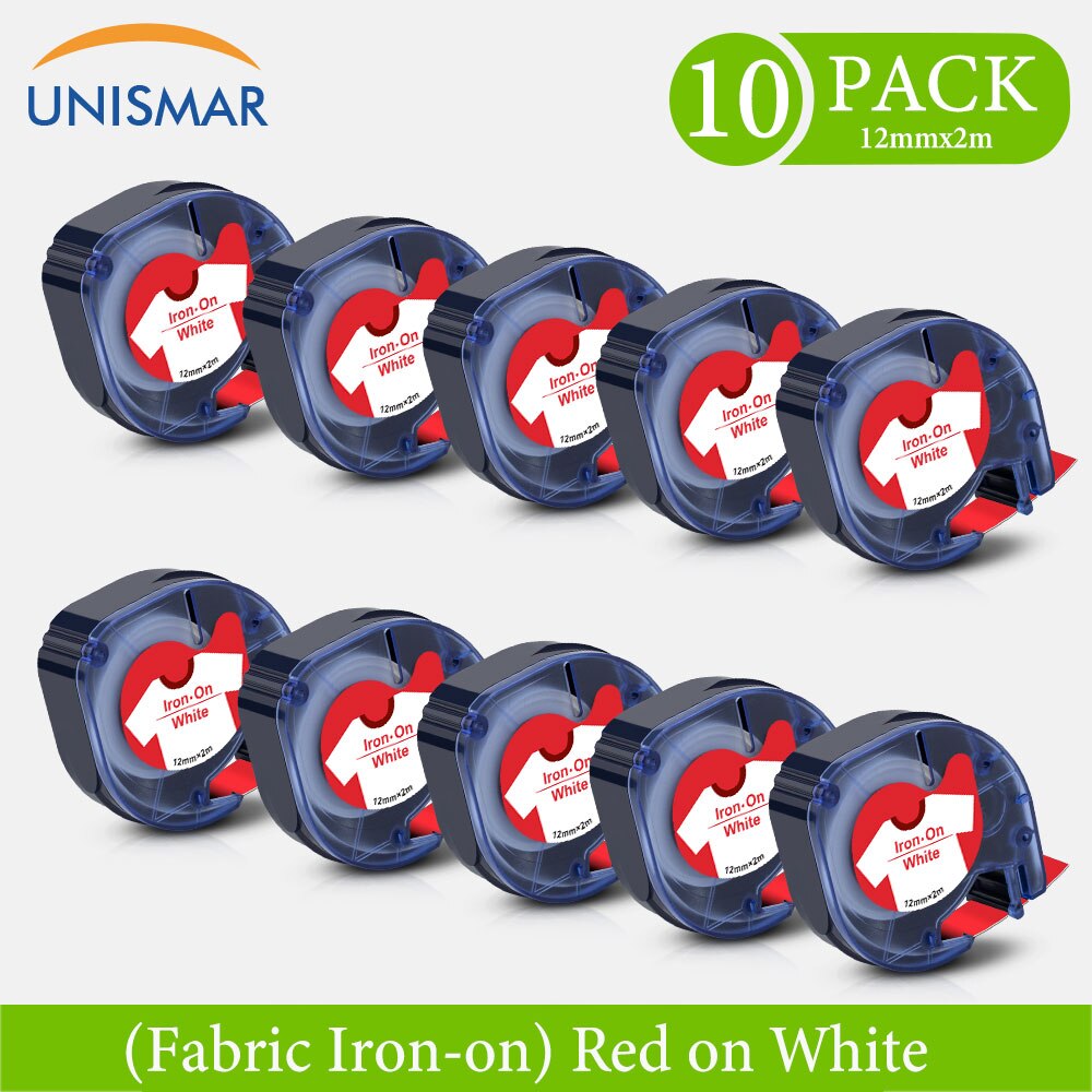 Unismar Fabric Iron-On Label Tape - 12mm x 2m - Compatible with Dymo LetraTag Printers: 10PK Red on White