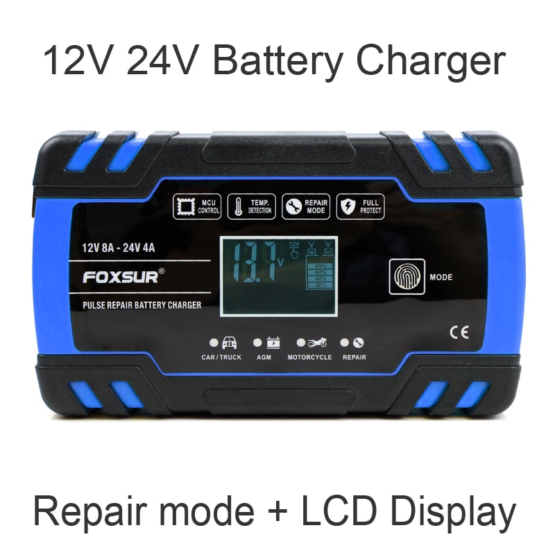 FOXSUR voiture moto chargeur de batterie 12V 8A 24V 4A Smart charge rapide pour AGM GEL humide EFB chargeur de batterie au plomb