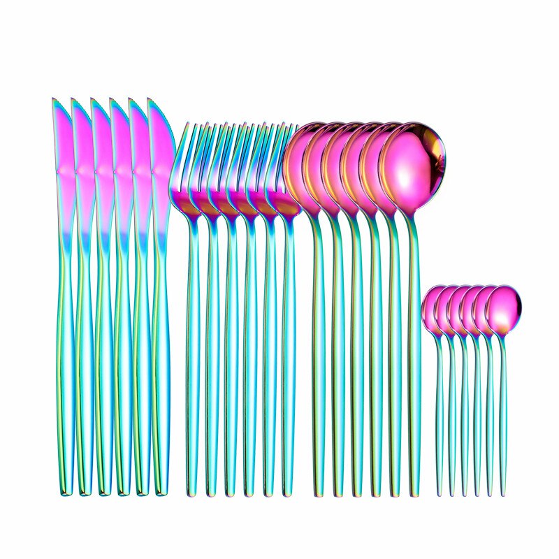 Gold Cutlery Tableware 24 Piece Knife Fork Spoon Set Polishing Flatware Forks Spoon Set Stainless Steel Cutlery Dinnerware Sets: rainbow 6sets