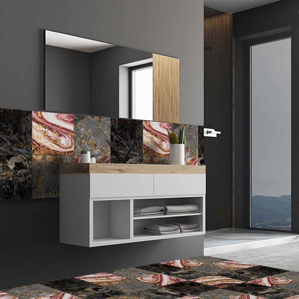 Funlife® BRILLIANT™ 15/20cm Black Coral Marble Tile Sticker Waterproof PVC DIY Wall Art for Bathroom Kitchen Camper Home Decor