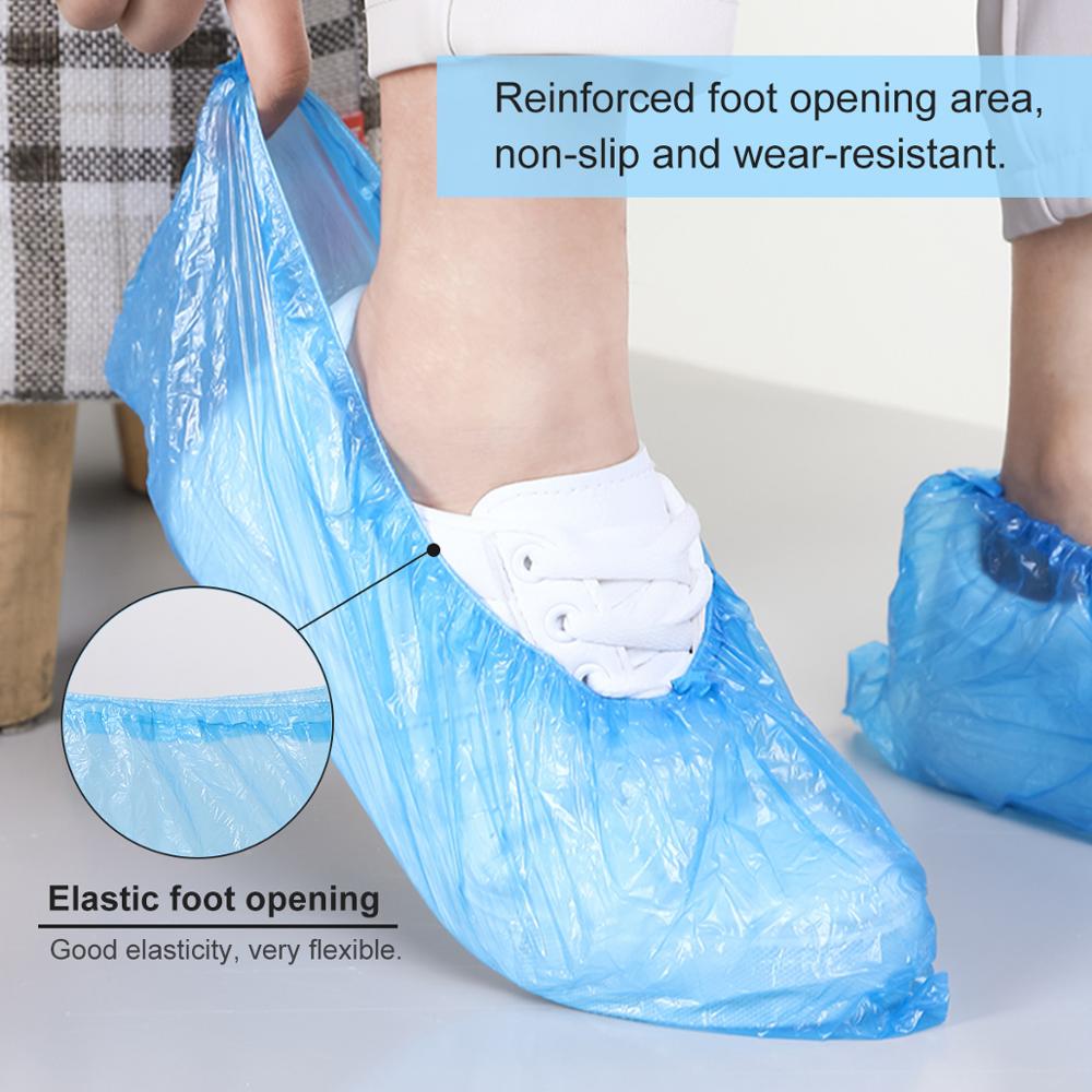 Couvre-chaussures jetables en plastique épais, 100 pièces, résistant à l'eau, bleu, pour l'extérieur, tapis de nettoyage, pour les jours de pluie