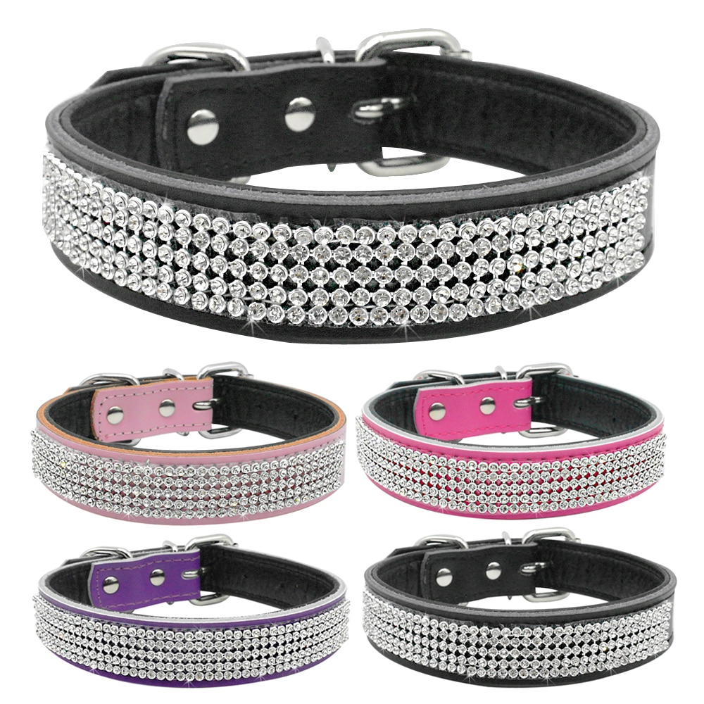 Bling Steentjes Halsband Lederen Halsband Diamante Crystal Pet Ketting Zachte Inner Gevoerde Voor Kleine Medium Grote Huisdier