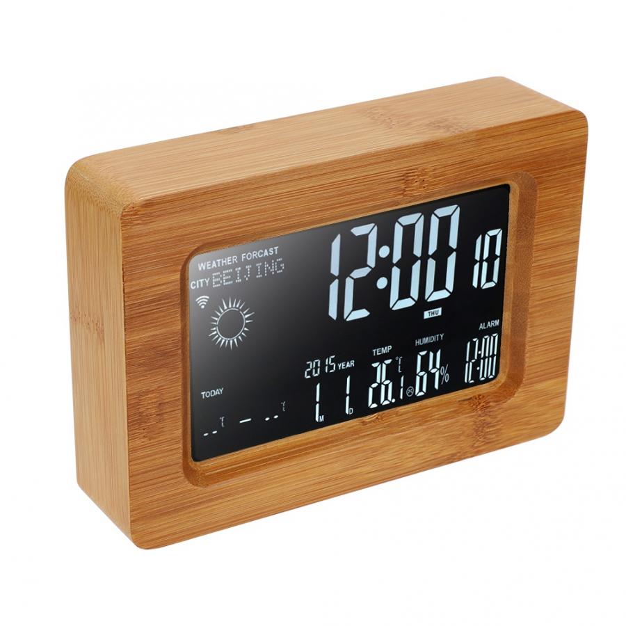 DC 5V Wooden Multi-function WIFI LCD Weather Temperature Humidity Clock 100-240V US Plug Weather Clock