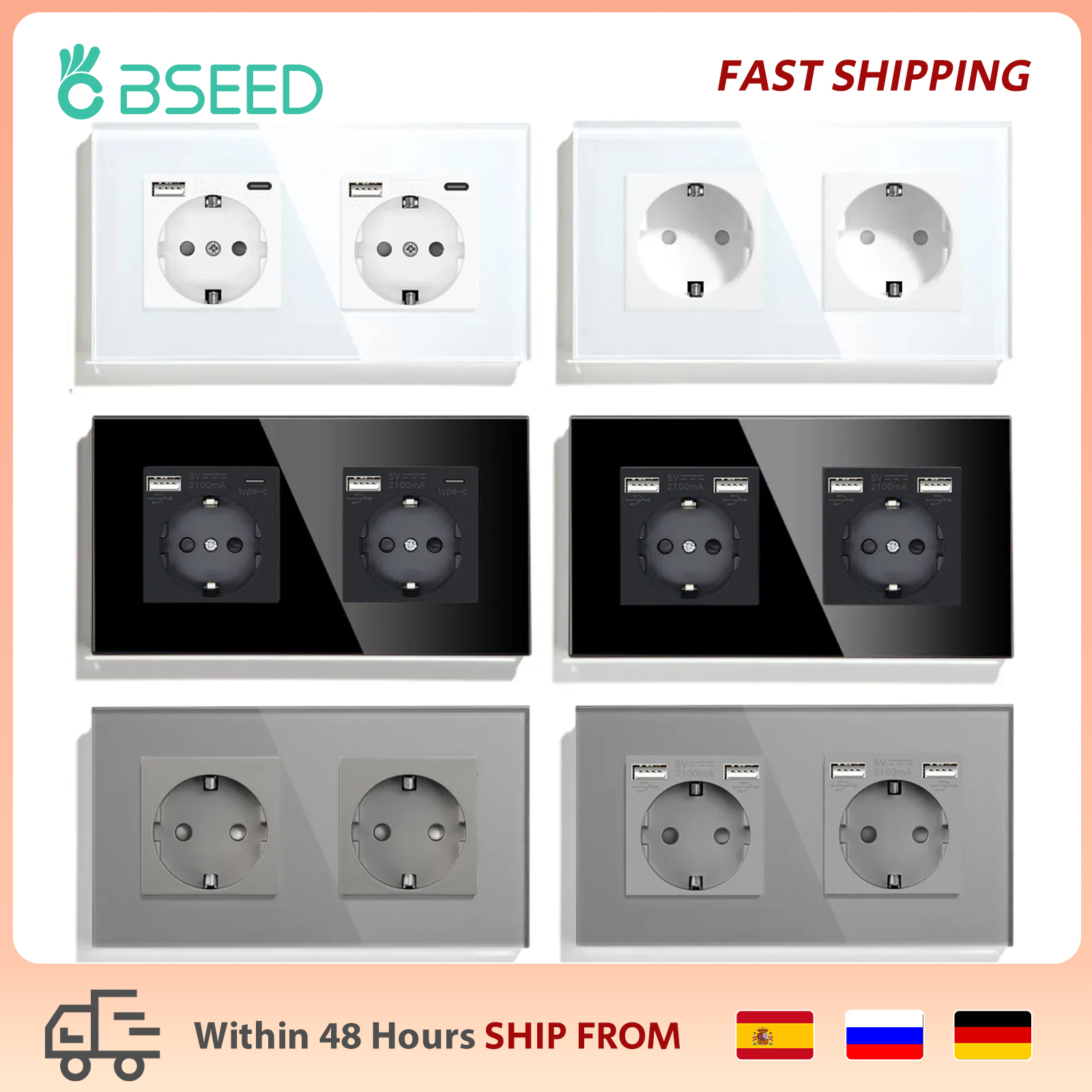 BSEED-Prise murale double standard UE, panneau en verre cristal, 3 couleurs, blanc, noir, doré, 16A, 110V-240V