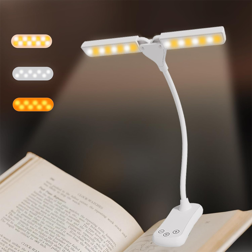 Oppladbar boklampe justerbar doble hoder øyepleie leselampe klipsbar bok/skrivebord trinnløs dimming 24 moduser berøringskontroll: Hvit