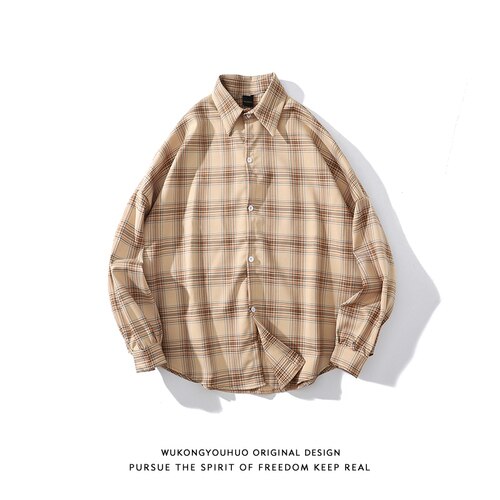 Koreaanse Plaid Shirt Mannen Lange Mouwen Vintage Kleding Heren Shirts Casual Slim Fit Chic Camisa Cuadros Mens Kleding EB50CS: Khaki / M