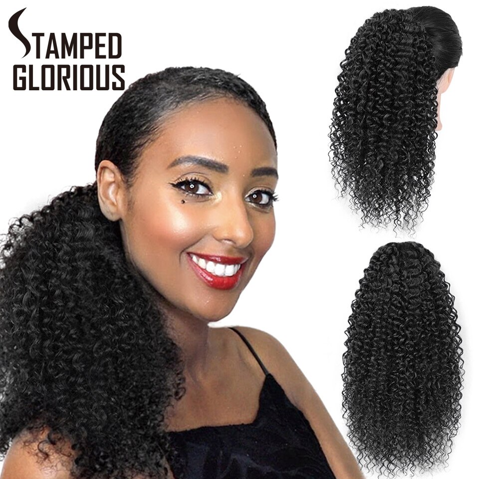 Stamped Glorious Afro Curly Ponytail Hair Piece Long Synthetic Drawstring Ponytail for African American Clip in Hair Extensions