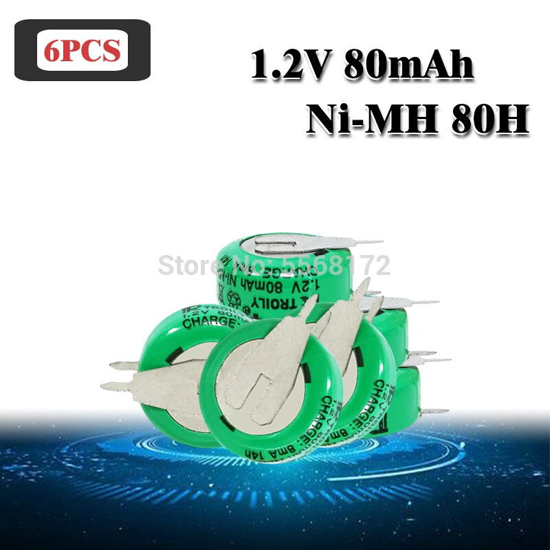 1.2V 80mAh Ni-MH Ni MH Rechargeable Batteries With Solder Pins Rechargeable Button Cell Battery For Electric Toys: 6pcs