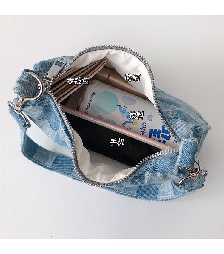 Vrouwen Denim Hobos Handtassen Eenvoudige Plaid Dames Schouder Onderarm Zakken Kleine Draagbare Vrouwelijke Portemonnees Telefoon Pouch