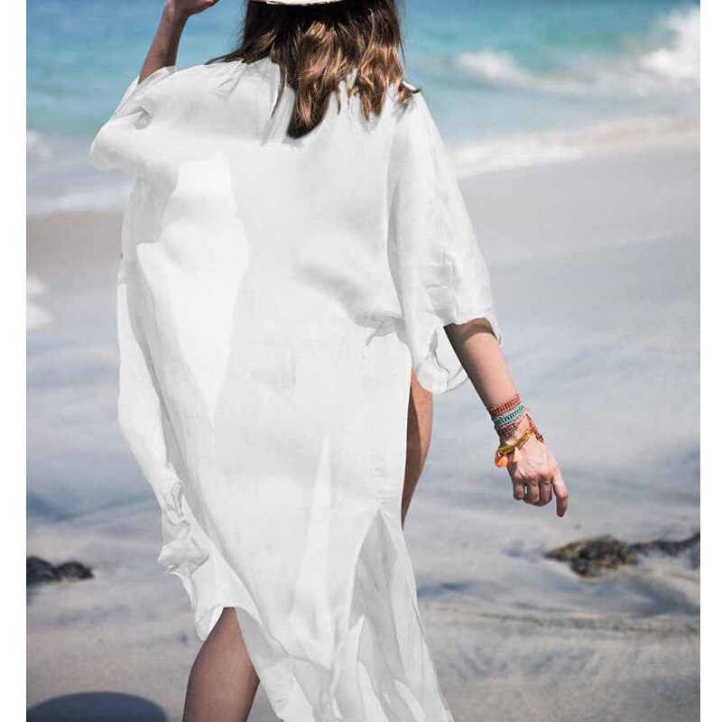 Sommer solid langærmet bikiniovertræk damer strand lang maix kafan svømmetøj strandtøj sundress: Hvid