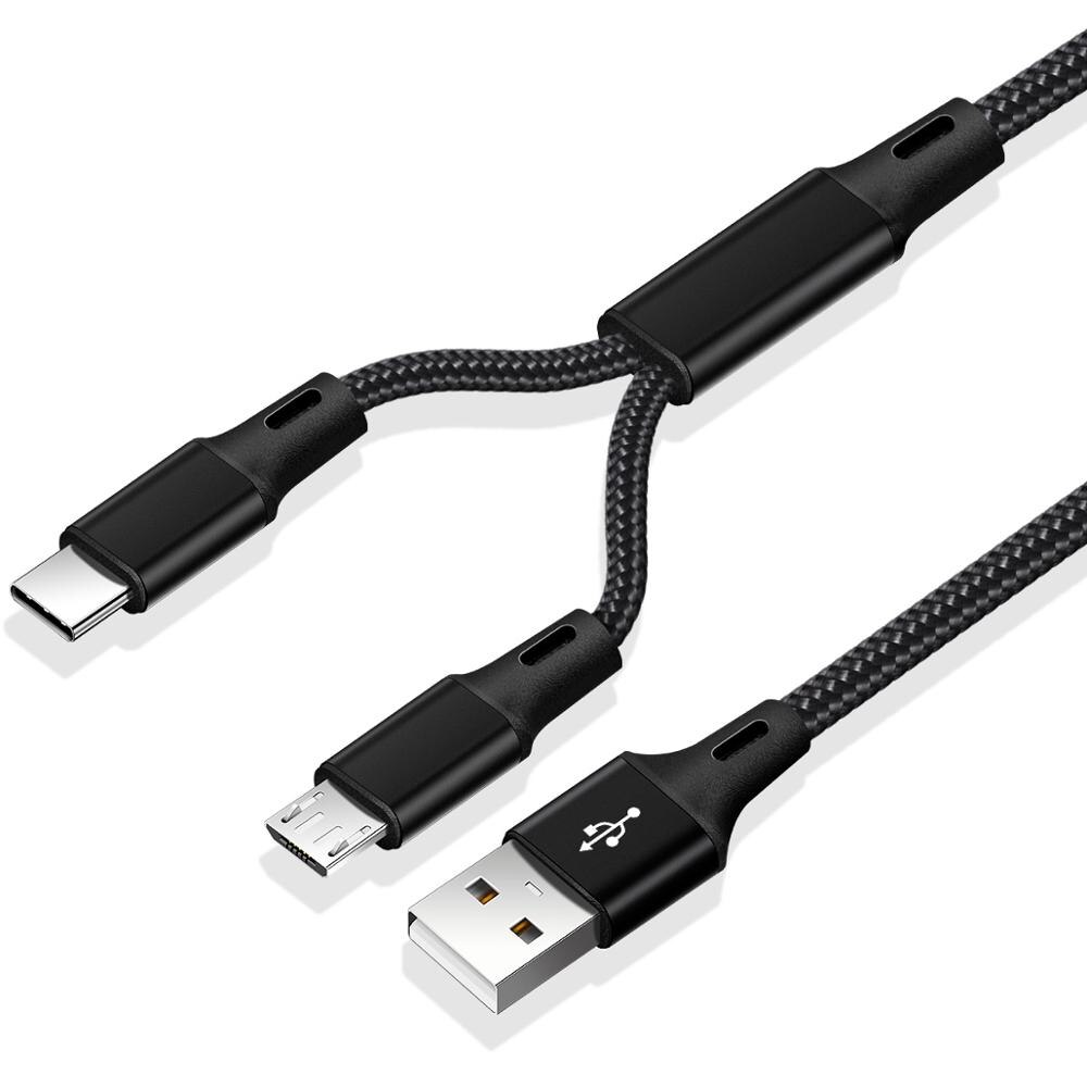 2 w 1 kabel mikro USB dwustronny USB typu C ładowarka nylon mikro kabel USB C ładowania dla powerbank robić telefonu komórkowego kable: czarny kabel
