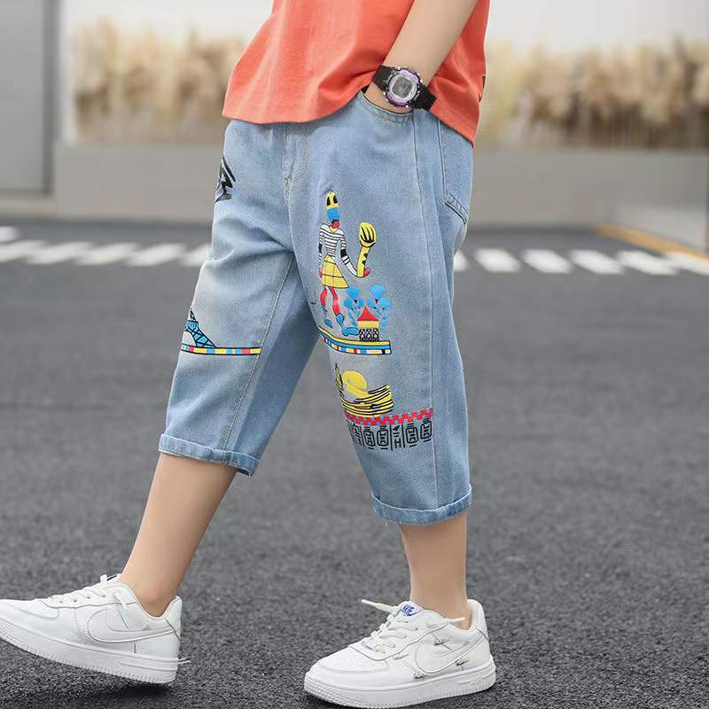 Short en Jean pour garçon et adolescent, Short d&#39;été en coton imprimé, décontracté, de 100 à 160cm