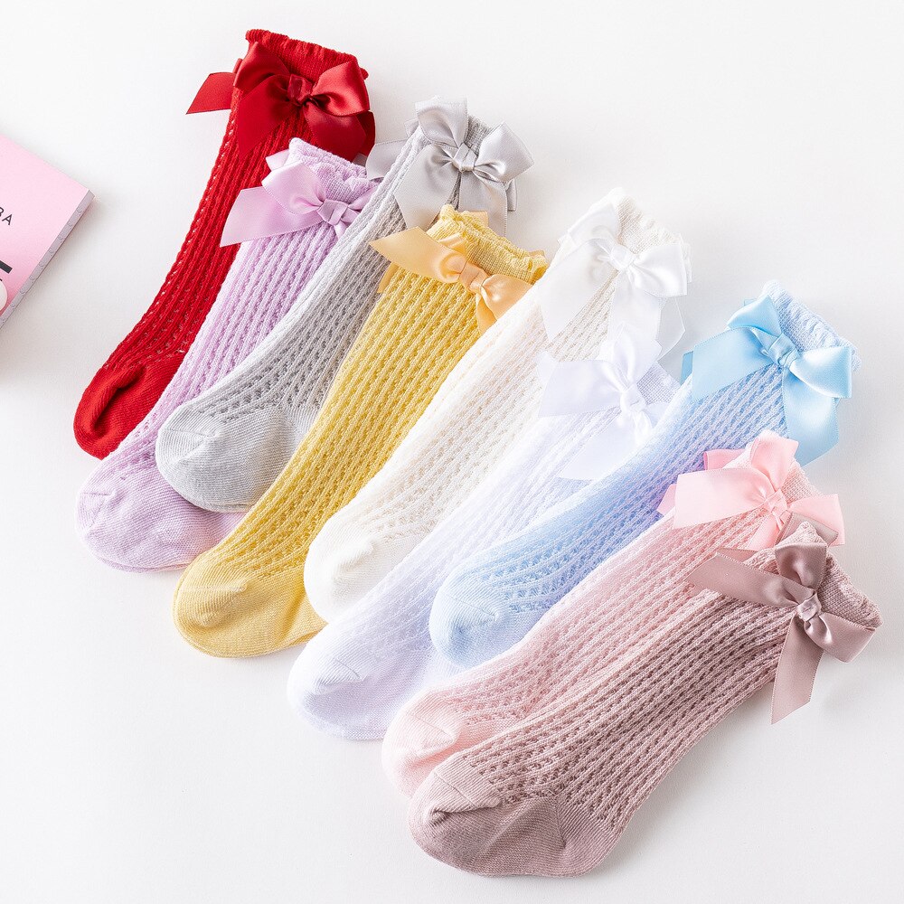 Chaussettes d'été pour bébé fille, avec nœuds, en maille, pour -né, hautes, respirantes, couleur unie, douces, en coton, pour nourrissons