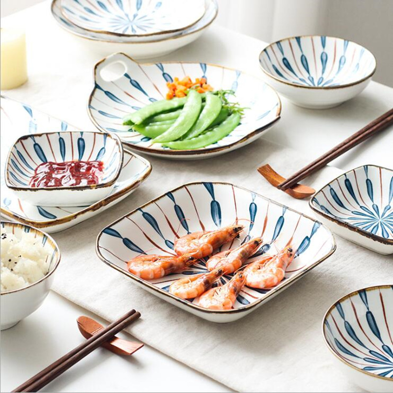 Japanese blue water drops Dinner Plate Set Ceramic Kitchen Plate Tableware Set Food Dishes Rice Salad Noodles Bowl Soup
