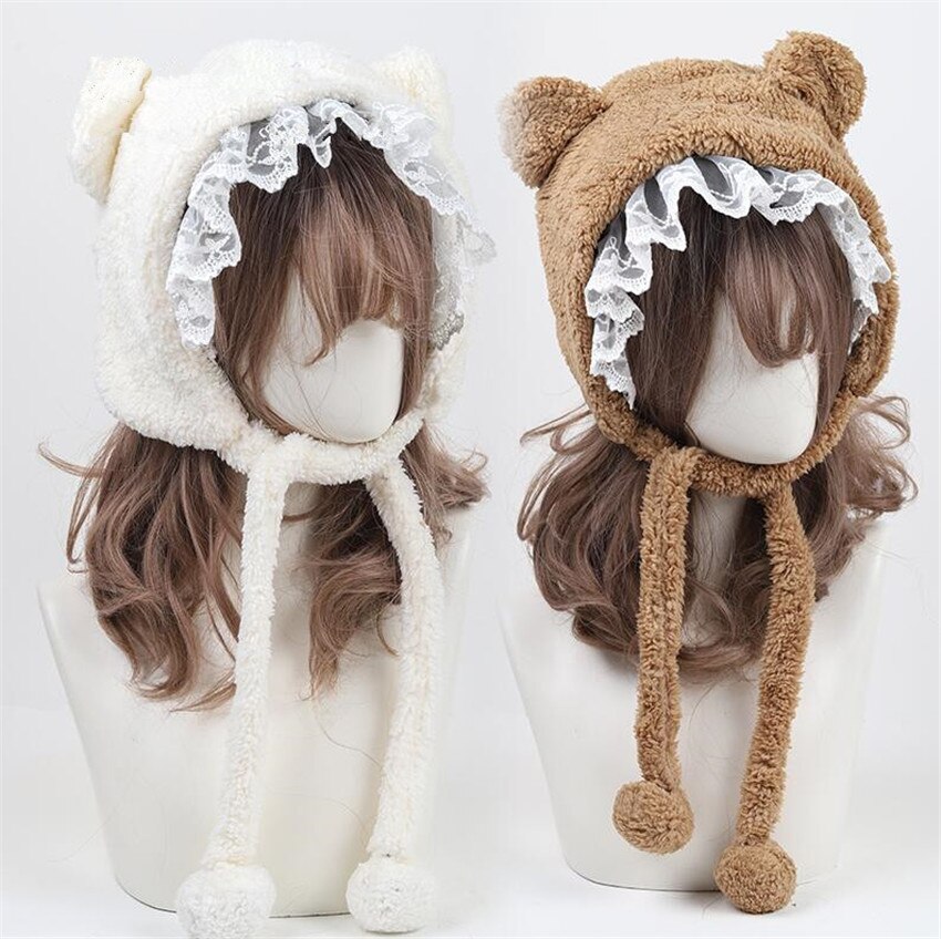 Warm Lace Trim Lolita Bear Ear Plush Warm Hat Women Thicken Bowknot Earmuffs Winter Bandage Cap D991