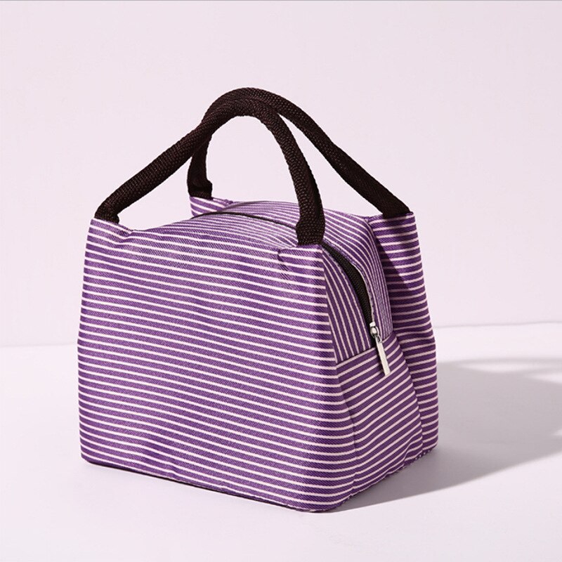 Freizeit Frauen Tragbare Mittagessen Tasche Leinwand Streifen Isolierte Kühltaschen Thermische Lebensmittel Picknick Mittagessen Taschen freundlicher Mittagessen Kasten Tasche Tote: Violett