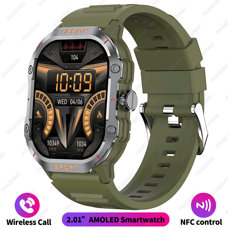 2025 nowy wojskowy Smartwatch 2.01 "AMOLED BT odpowiedź/zadzwoń NFC 100+ trybów sportowych opaska monitorująca aktywność fizyczną inteligentne zegarki dla android iOS: zielony
