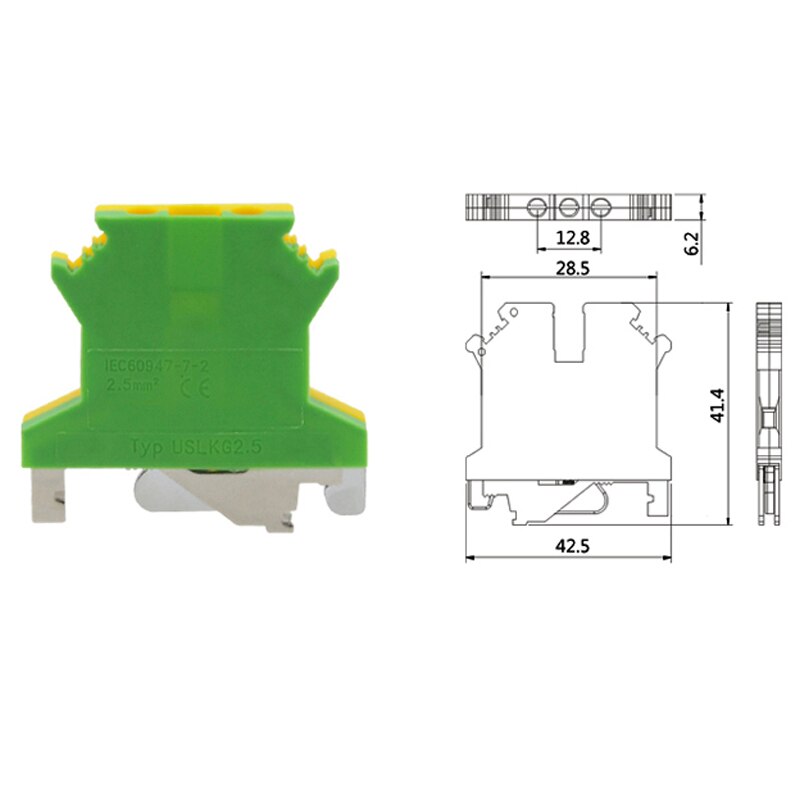 50Pcs Aardklem Blokken Din Rail Schroef USLKG3 Morsettiera Terminal Blokken UK-3N Geel Groen Aarding Connector 2.5mm2