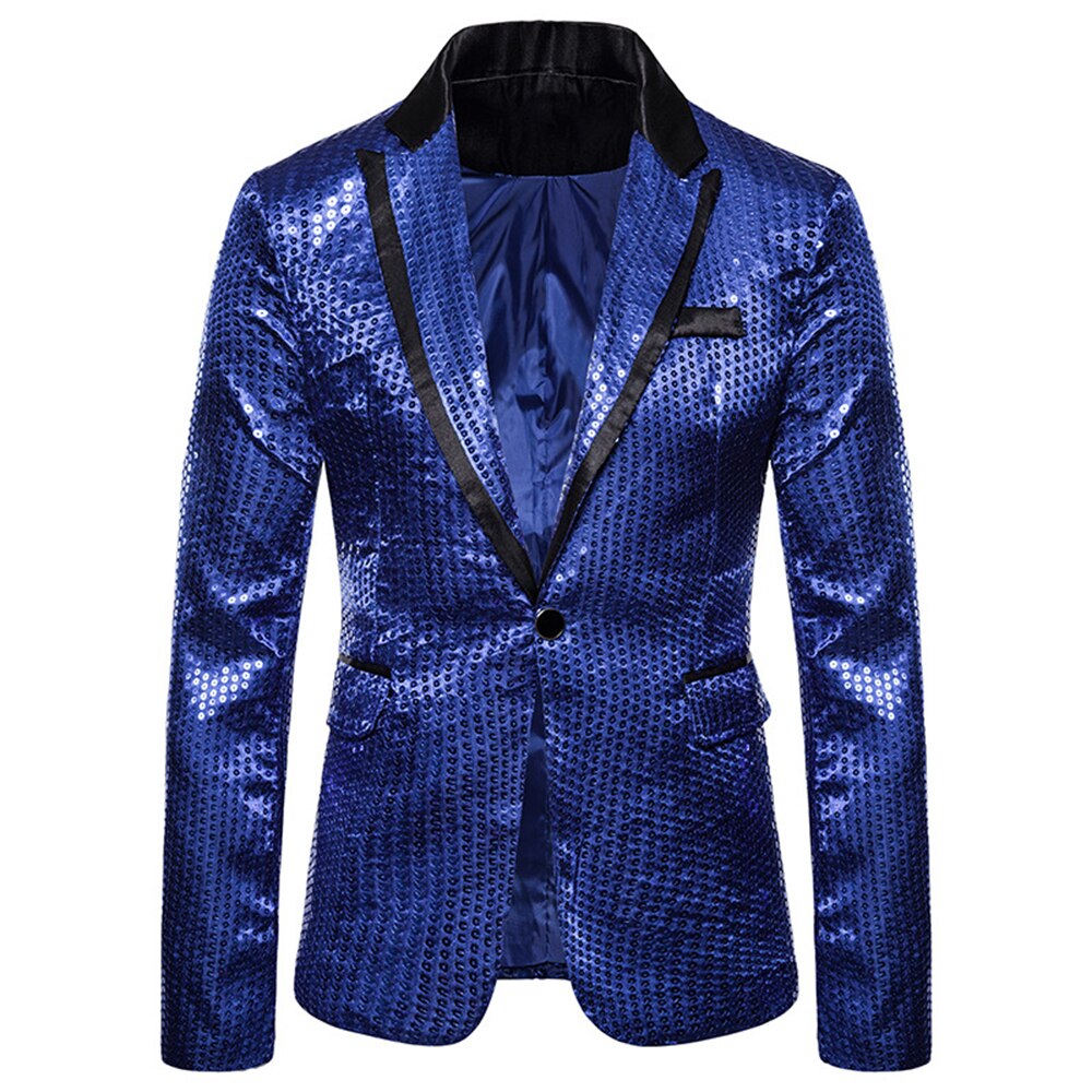 Shiny Sequin Blazer - Single Button Tuxedo Jacket - Party, Wedding, Prom, Nightclub Stage Suit: Blue / L