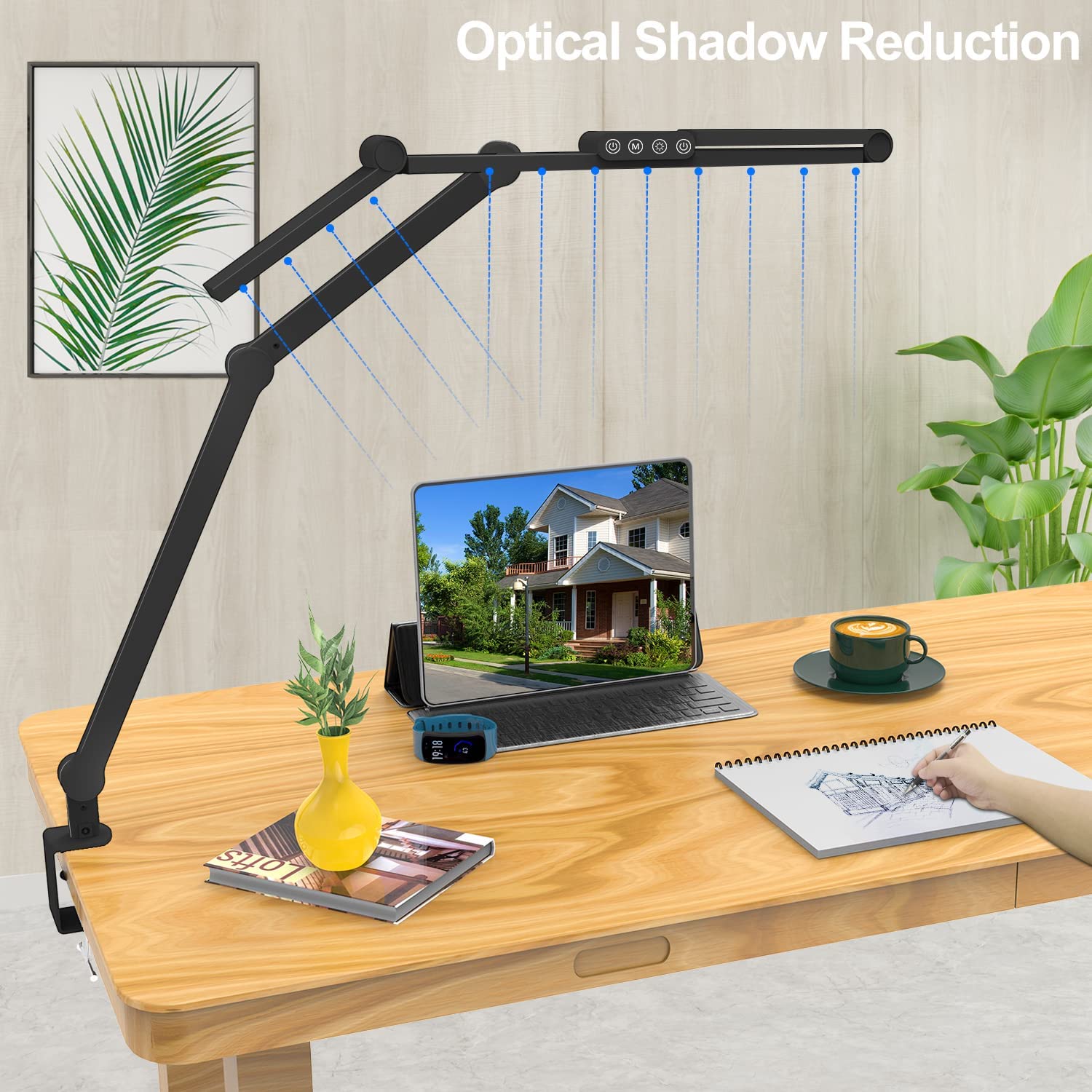 Lâmpada de mesa led com braçadeira, lâmpada de mesa led de arquiteto ultrabrilhante de 24w para escritório doméstico com iluminação atmosférica, escurecimento automático