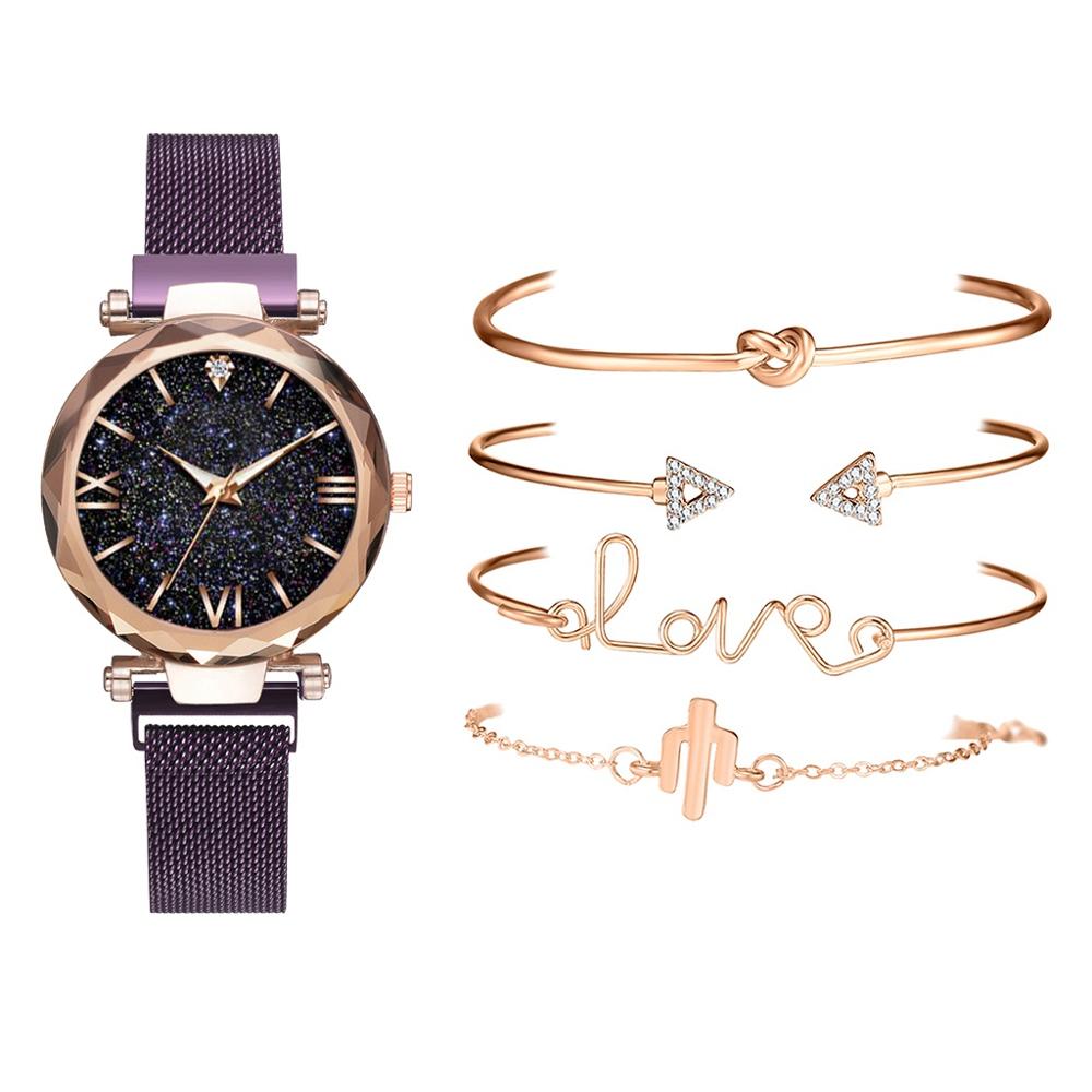5pcs Set Luxe Vrouwen Horloges Magnetische Sterrenhemel Vrouwelijke Klok Quartz Horloge Dames Polshorloge relogio feminino: Purple 5pcs Set