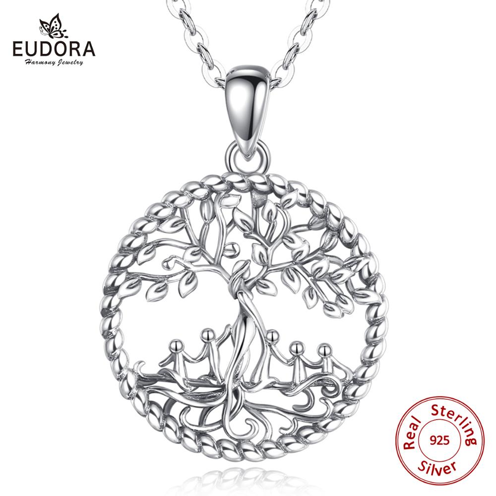 EUDORA Sterling Silver Tree Of life Pendant Silver Family tree Necklace with baby child Fine Jewelry for Women Happy family of 5