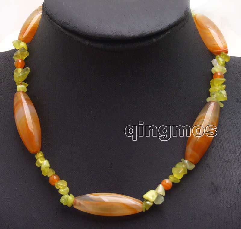 10*42mm Red stripe Olivary shape stone and 7-8mm Green baroque Peridot 17'' necklace-nec5979 /retail