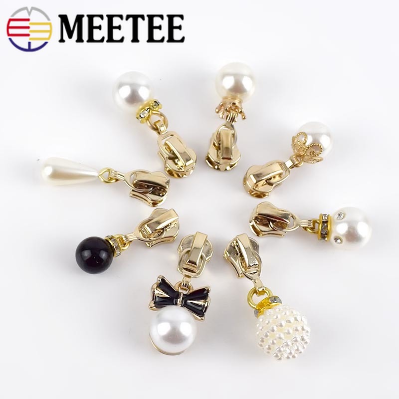 Meetee 5pcs 3# Pearl Puller Metal Zipper Sliders for Metal Zippers DIY Bag Costume Decoration Zip Slider Head Sewing Accessories