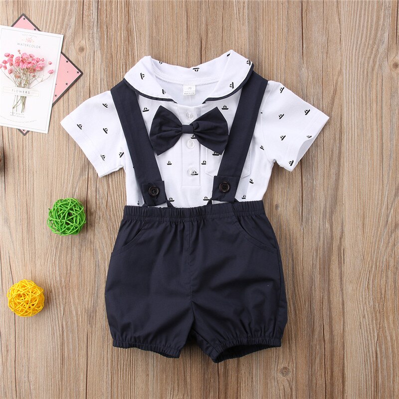 Nyfödda barn bebis pojke flicka herre soldräkt kläder småbarn bebis pojkar tryck fluga romper body+byxor overall kläder set: Svart / Nyfödd