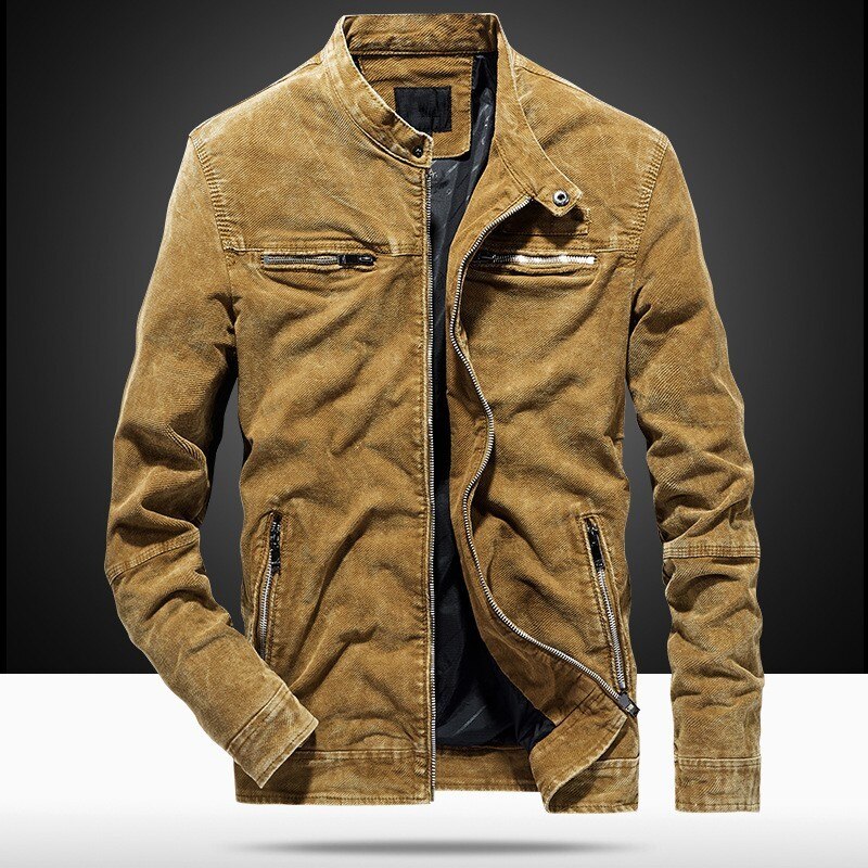 Cotton Men Slim Fit Denim Jacket Casual Stand Collar Long Sleeve Jacket Pocket Zipper Male Coat Plus Size M-3XL